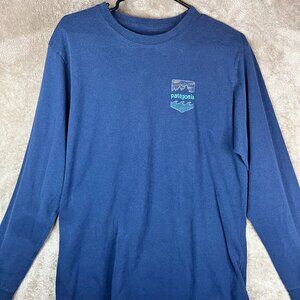 Patagonia Mens T-Shirt Long Sleeves Regular Fit Outdoor Graphic Print Blue Large